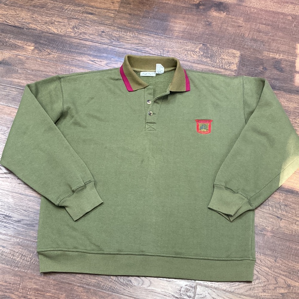 Vintage 90s Bugle Boy oversized collared sweatshirt olive green and maroon